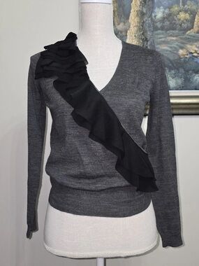 Ann Taylor Loft | Plunging Neck Wool Sweater Women Large LP Ruffle Long Sleeves